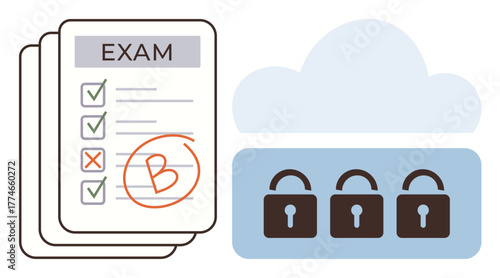 Graded exam paper stack with a B grade next to a secured cloud featuring three lock icons. Ideal for education, online exams, digital data protection, cybersecurity awareness, e-learning, cloud