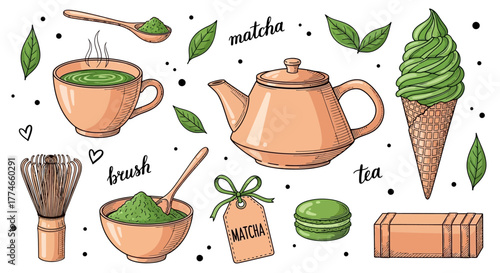 Vibrant hand-drawn matcha tea set steaming cup, whisk, teapot, fresh leaves, and delicious desserts like ice cream, macaron, chocolate