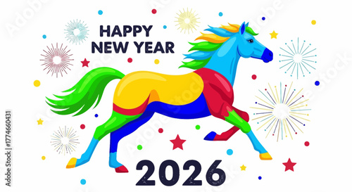 Celebrate 2026 with a vibrant, multicolored horse illustration, symbolizing good fortune and a happy new year