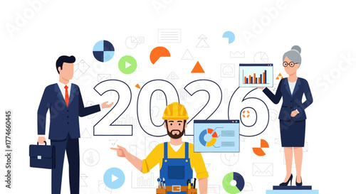 Business and industry professionals preparing for success in the year 2026 with futuristic elements and charts