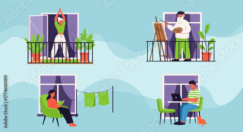 Balcony Life People Enjoying Hobbies and Work at Home
