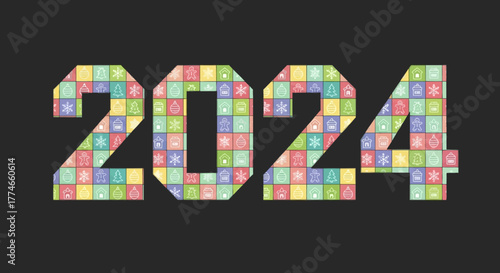 Vibrant and Colorful Geometric 2024 Design with Playful Holiday Icons on a Dark Background, Perfect for New Year Celebrations, Greeting Cards, and Digital Graphics