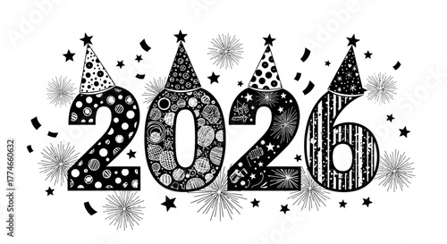 Black and white zentangle art for the 2026 New Year celebration, featuring decorated numbers with party hats and confetti