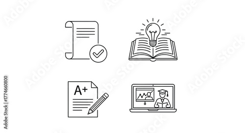 Vector illustration of education and learning outline icons book, document, grade, and online course symbols for school, university, and elearning knowledge and study concept
