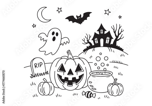 Spooky Halloween Scene with Pumpkins, Ghost, and Haunted House