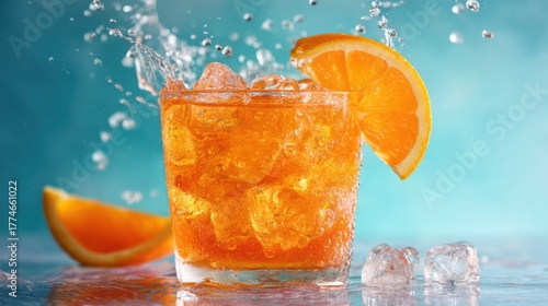 Cold orange soda splash in glass with ice and orange slice. Refreshing summer drink or cocktail for party.