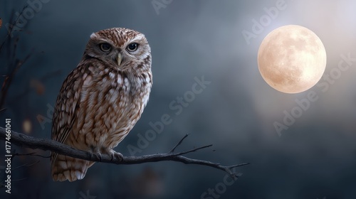 Owl perched on branch with full moon in dark sky. Night wildlife concept and Halloween theme for spooky season.