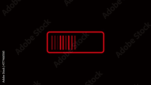 Red neon loading bar with vertical segments on animation black background progress bar digital. Illuminated red bar, vertical divisions, high-tech progress display, stylish numeric tracking interface.