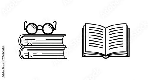 Vector illustration of a stack of books with glasses on top and an open book education and reading concept in a minimalist style illustration
