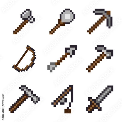 Collection of vector pixelated game tools on a white background