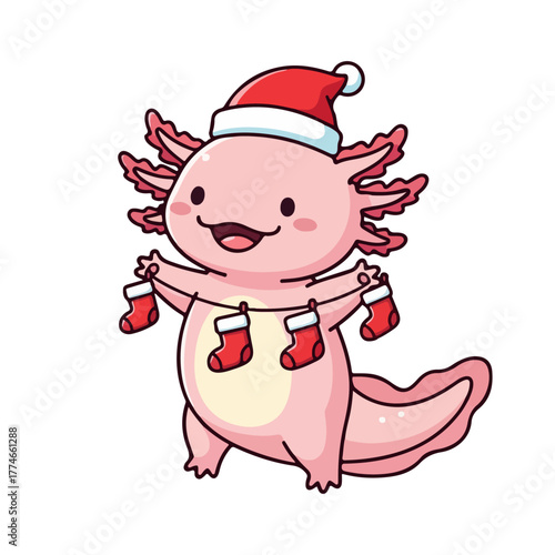 Cute Christmas Axolotl Wearing Santa Hat Holding Mini Stockings Vector Illustration