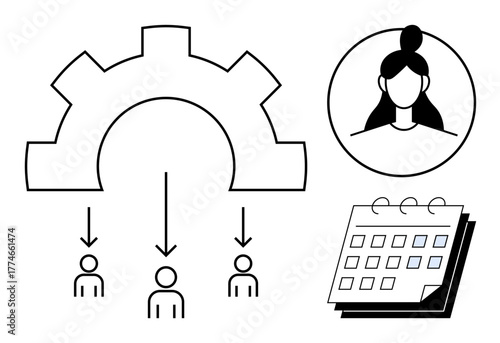 Gear icon shows process flow to team members, portrait represents a leader, calendar supports project scheduling. Ideal for planning, task delegation, leadership, team management, productivity, time