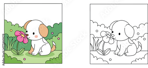 Cute Puppy Smelling Flower Coloring Page - Adorable Cartoon Dog in Garden - Simple Line Art for Kids Education