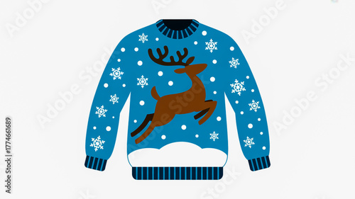 Blue Christmas Sweater with Jumping Reindeer and Snowflakes on White Background ugly christmas sweater