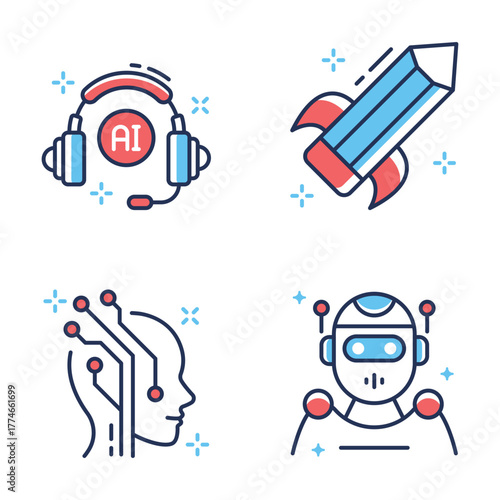 Set of artificial intelligence icons in flat outline style, ready for premium use