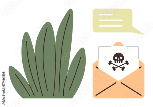 Open envelope showing a skull icon warning symbol, paired with green leaves and a communication bubble. Ideal for cybersecurity, phishing, threat, alert, privacy, spam danger. Minimalist flat