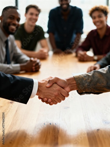 A Social Handshake Between Diverse Business Colleagues at a Meeting Table, Symbolizing Collaboration, Partnership, and Inclusive Growth Initiatives