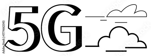 Bold 5G text next to sleek motion lines and stylized clouds signifying speed and connectivity. Ideal for technology, innovation, internet, communication, speed, data, simple flat metaphor