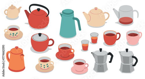 Isometric tea and coffee set with kettles, cups, and glasses