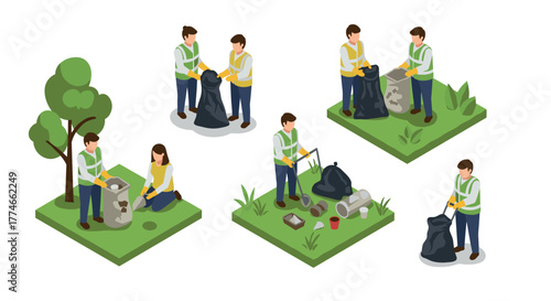 Isometric volunteers cleaning park: waste collection and recycling activities