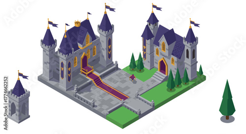 Isometric medieval castle with towers and flags set amidst greenery