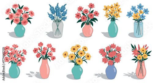 Colorful flower bouquets in vases on white background - modern floral arrangements