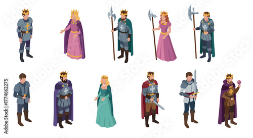 Medieval royalty and knights in isometric design: fantasy characters in vibrant costumes