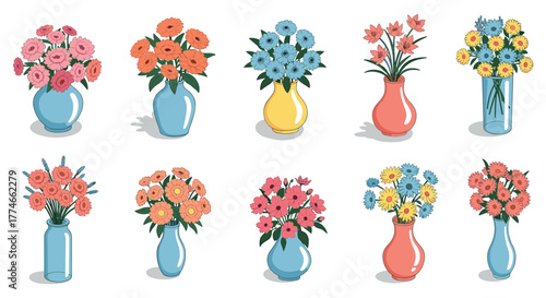 Colorful vase arrangement: diverse floral collection in elegant vases