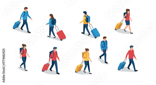 Diverse travelers with luggage in isometric style