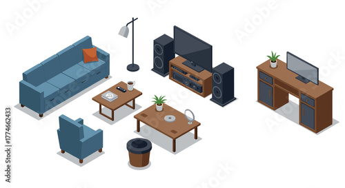 Modern isometric living room set with furniture and electronics