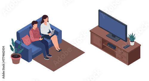 Isometric living room: couple relaxing on sofa with laptop near tv stand
