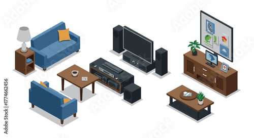 Isometric living room interior with sofa, television, and modern decor