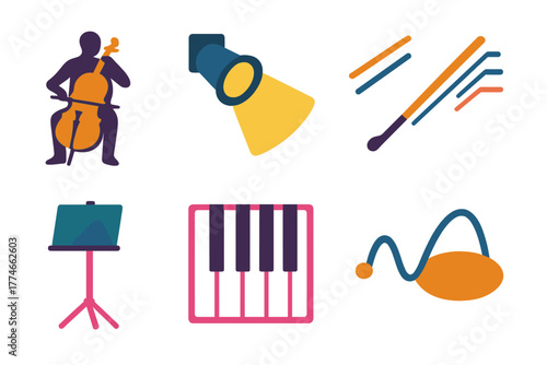 Minimal Cello Icon Set. Solo Cello set icons in flat icons: cellist silhouette, stage light, bow in motion, harmony lines, music stand, piano keys, melody wave, performance curve