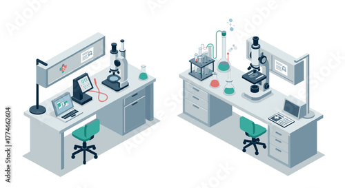 Modern laboratory workspace with scientific equipment in isometric design