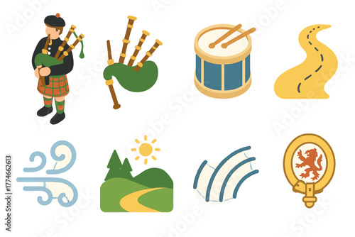 Highland Icon Set. Highland Bagpipes flat icons: kilted piper, bagpipes, drum, marching path, wind swirl, countryside, rhythm lines, crest symbol