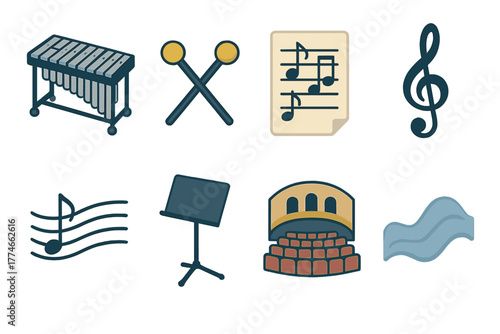 Vibraphone Icon Set. Classic Vibraphone flat icons: metal bars, mallets, sheet music, treble clef, harmony lines, music stand, concert hall, soft wave