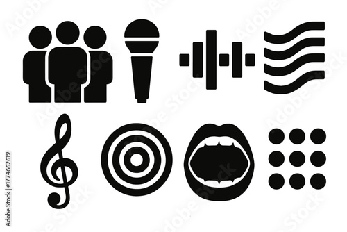 Brutalist Acapella Icons. Vocal Acapella silhouette set: group of singers, microphone, sound wave, harmony lines, treble clef, echo circle, open mouth icons, rhythm dots