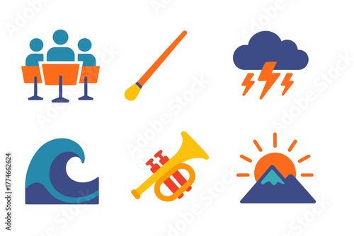 Epic Icon Collection. Epic Soundtrack set icons in flat icons: orchestra, conductor baton, storm cloud, mountain peak, lightning, cinematic wave, brass horn, rising sun