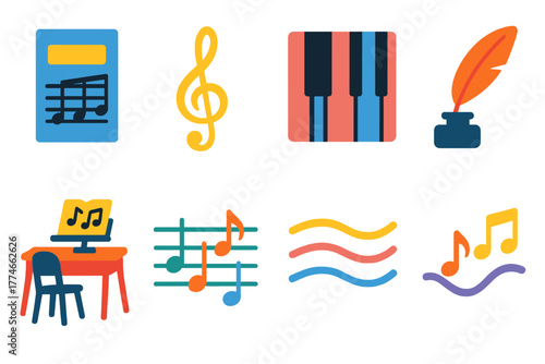 Vibrant Music Icons. Music Score set icons in flat icons: sheet music, treble clef, piano keys, quill pen, composer desk, notes on staff, harmony lines, melody wave