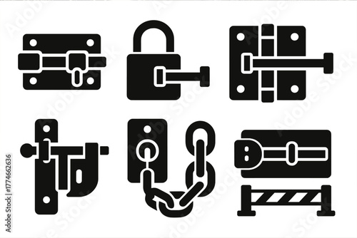 Bold Locking Icons. Locking bolt silhouette set: sliding bolt lock, padlock with bolt, door latch, hinge with bolt, gate lock, vault door, chain lock, barrier fence.
