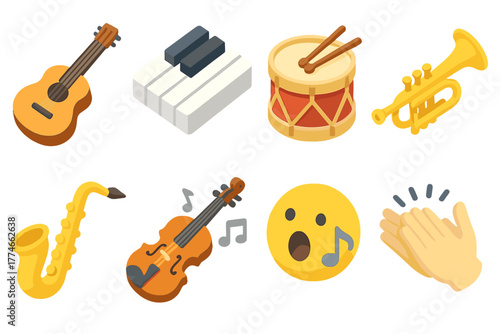 Isometric Music Icons. Sound flat icons: guitar, piano keys, drum, trumpet, saxophone, violin, singing face, clapping hands.