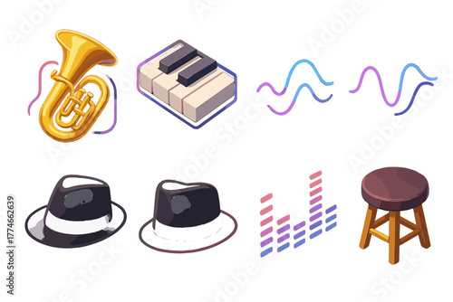 Jazz Icons Collection. Jazz Tuba flat icons: golden tuba, piano keys, neon lights, smoky background, bass wave, hat silhouette, rhythm bars, stage stool