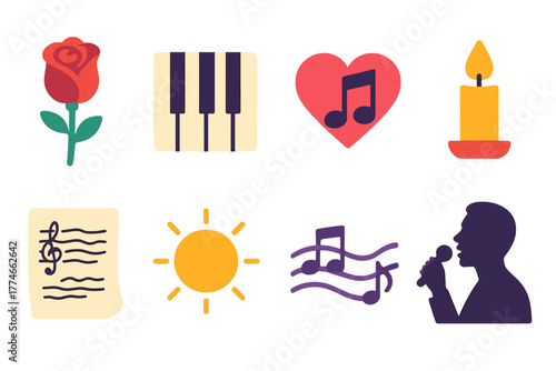 Romantic Sonata Icons. Romantic Sonata set icons in flat icons: rose, piano keys, heart note, candle, handwritten score, warm light, melody curve, silhouette performer