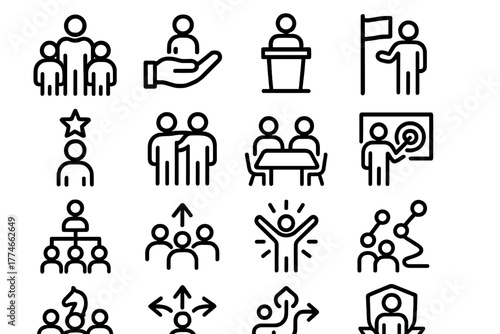 Leadership Icons Collection. Leadership and Team Icons outline icons: leader with group, guiding hand, podium speaker, flag bearer, leader star, mentorship icon, team discussion,