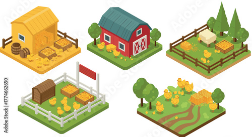 Isometric farm set with barn, chicken coops, and ducks in pastoral landscape