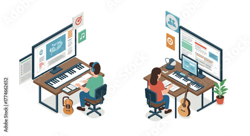 Isometric home music studio with male and female musicians at workstations