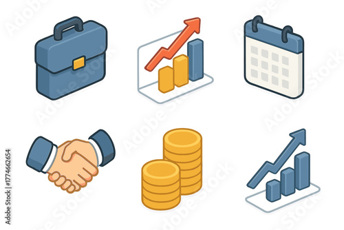 Isometric Business Icons. Business auto scaling flat icons: briefcase, chart, calendar, handshake, stack of coins, upward graph.