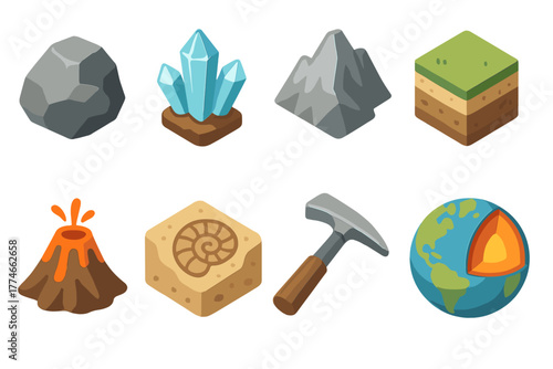 Isometric Geology Icons. Geology basics flat icons: rock, crystal, mountain, soil layers, volcano, fossil, hammer pick, globe with crust.