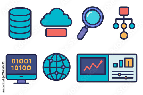 Digital Data Icons. Digital Data Mining flat icons: database cylinder, cloud storage, magnifying glass, algorithm nodes, computer monitor, binary code, network globe, dashboard