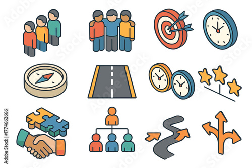 Modern Isometric Icons. Alignment Concept flat icons: people in line, teamwork alignment, target with arrows, compass alignment, road lanes, synchronized clocks, puzzle pieces